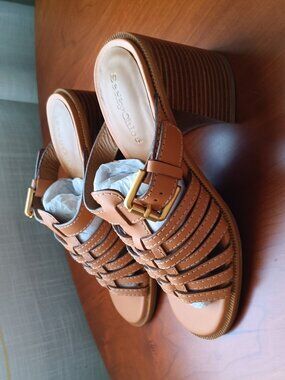 NWT See By Chloe Tan Cila Woven Leather Block Heel Mule Sandal Size 37